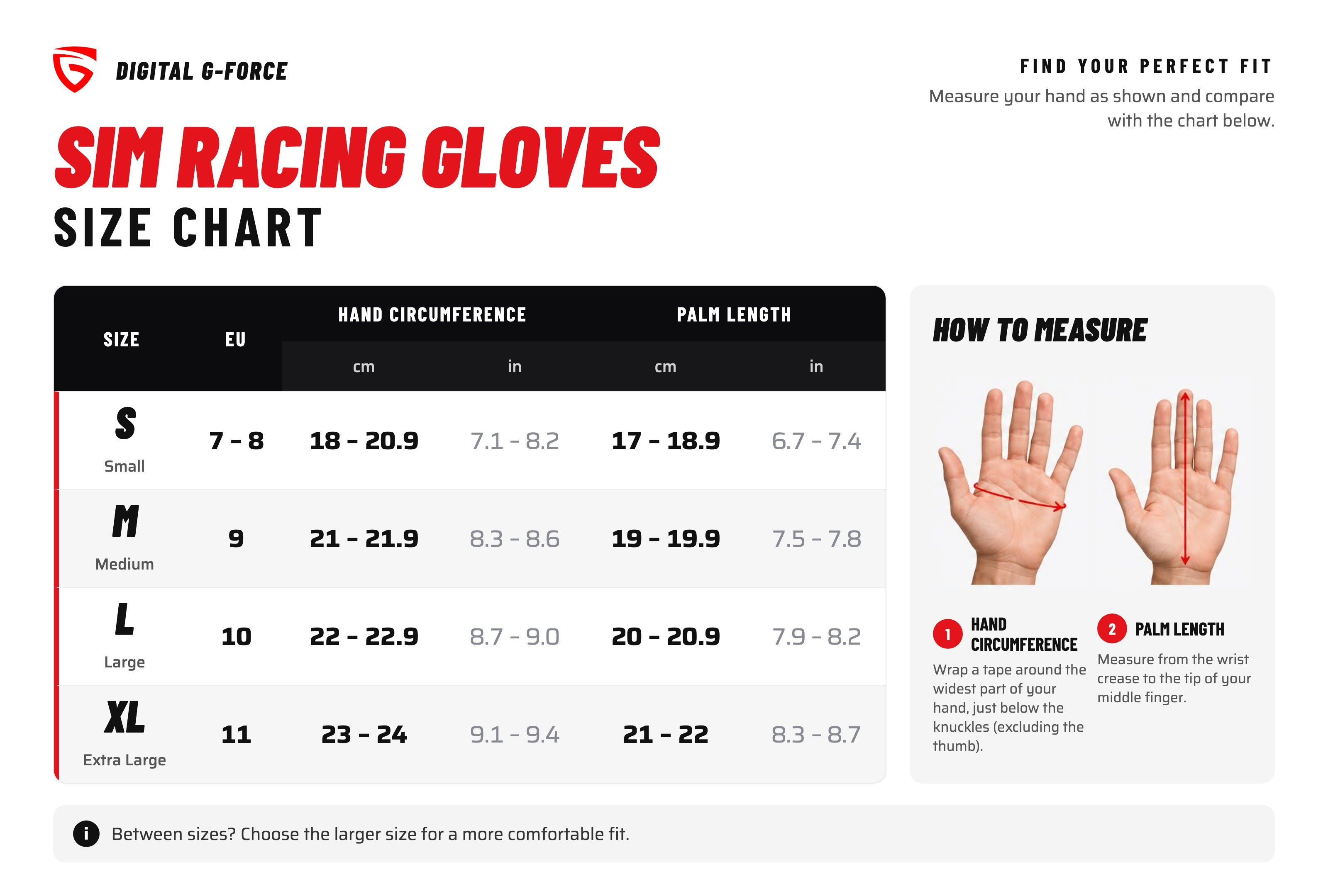 G-FORCE Sim Racing Gloves size chart: S fits 18 to 20.9 cm hand circumference, M 21 to 21.9 cm, L 22 to 22.9 cm, XL 23 to 24 cm. Between sizes, choose the larger size.